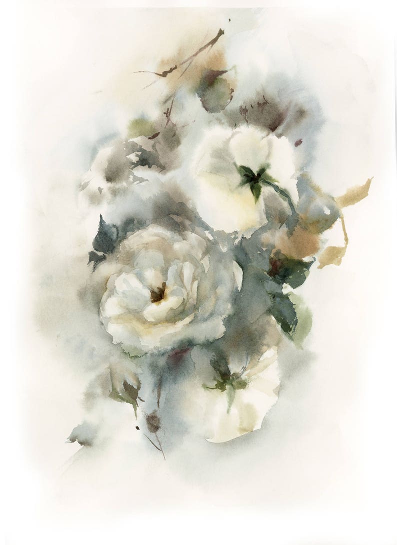 Flowers Painting Painting of Roses Rose Art White Roses Original Watercolor Painting Floral Botanical Watercolour Art