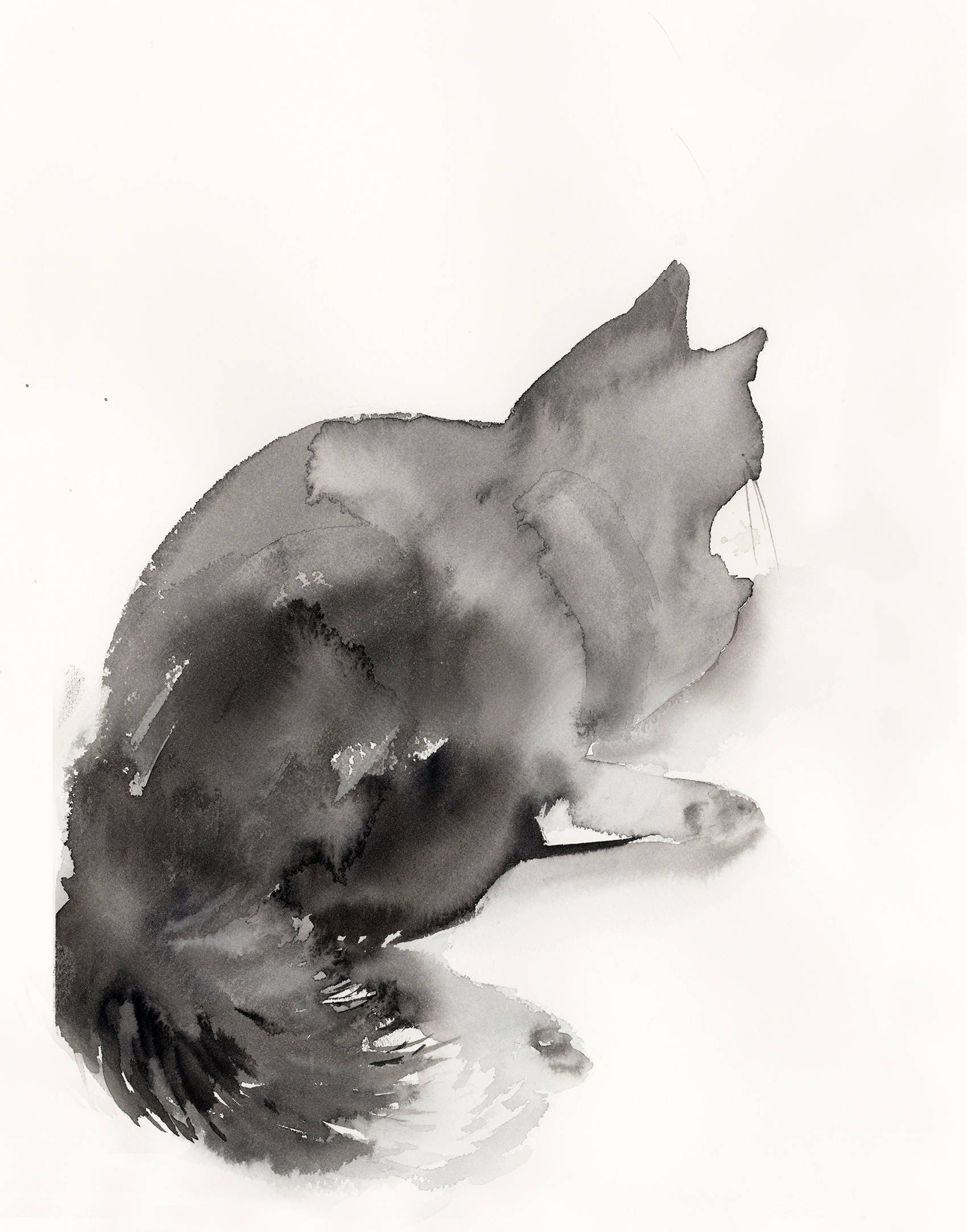 Minimalist cat ORIGINAL Watercolor painting black and white | Etsy