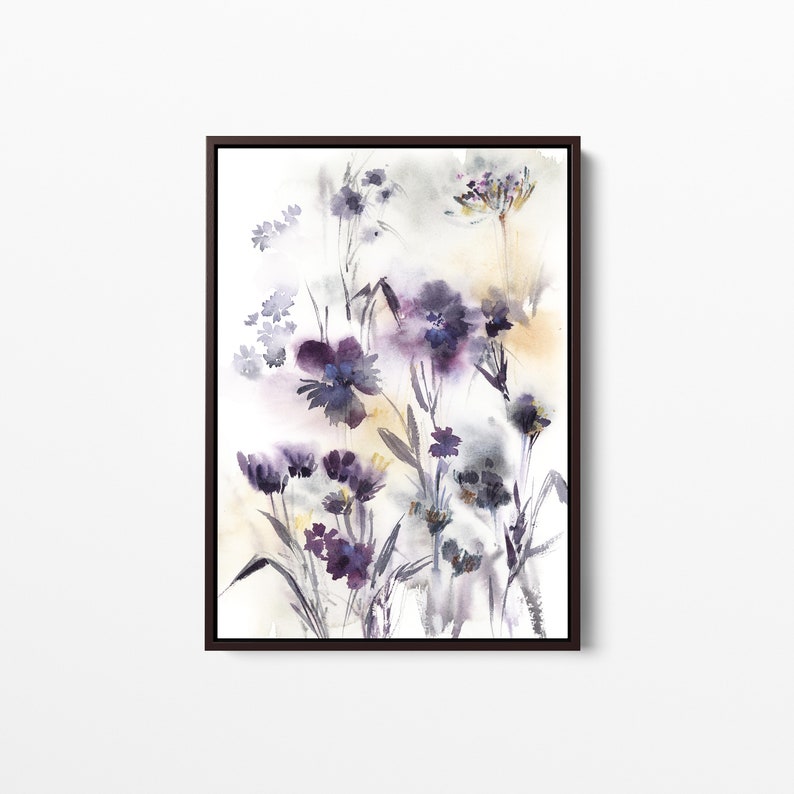 Abstract Purple Florals Canvas Print, Boho Wall Print, Flowers Watercolor Painting, Abstract Botanical Wall Decor, Large Sizes Canvas Art image 4