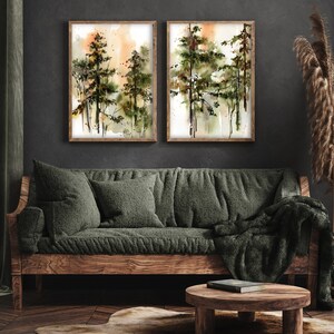 Pine Trees Set of 2 Canvas Prints, Green Forest Painting, Landscape ...