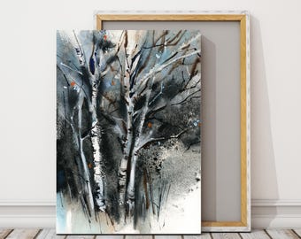 Dark Trees Canvas Art Print, Forest Watercolor Print, Abstract Tree Painting, Woodland Wall Decor
