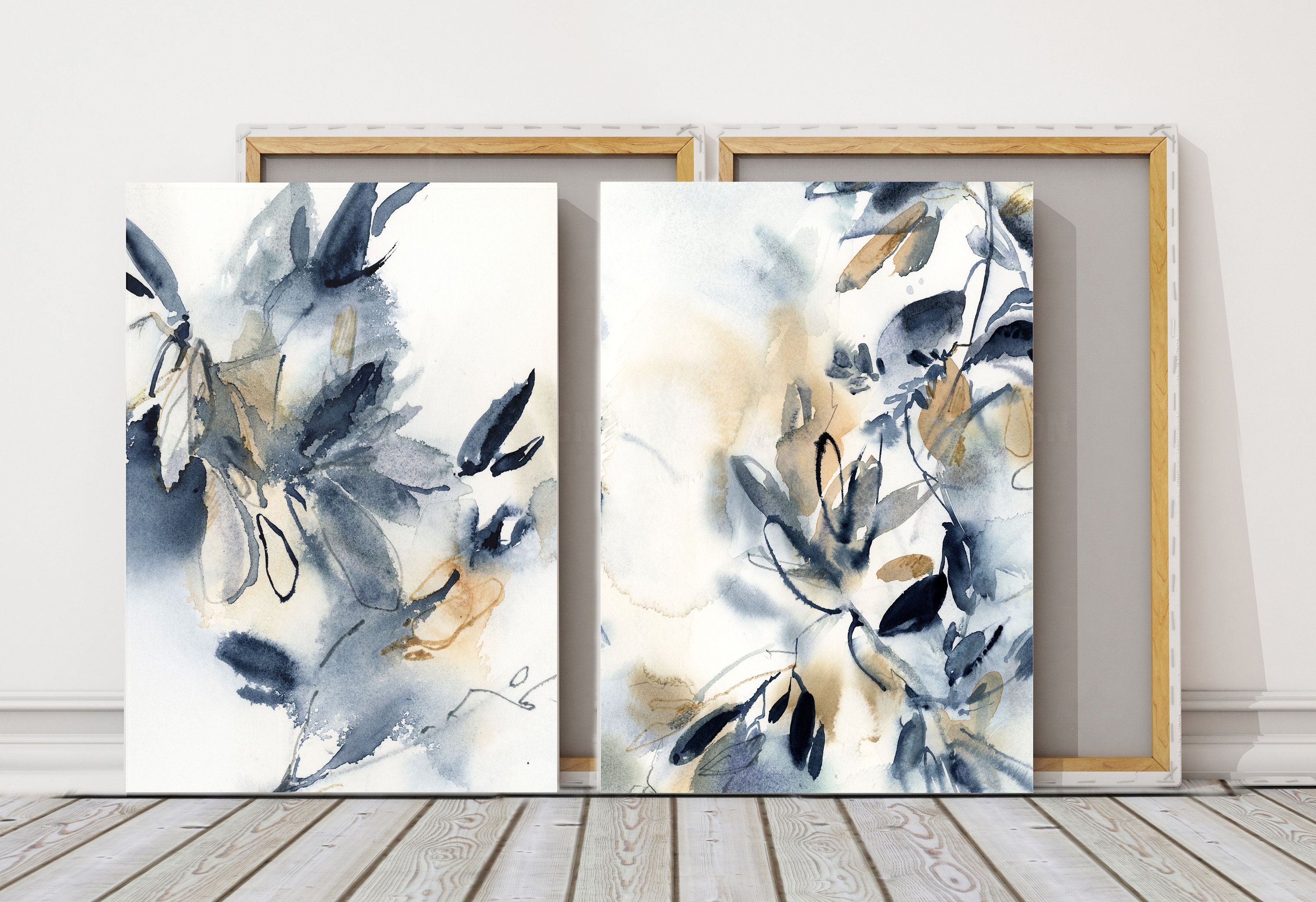 Blue Botanical Canvas Prints Set of 2 Wall Decor, Leaf Watercolor ...