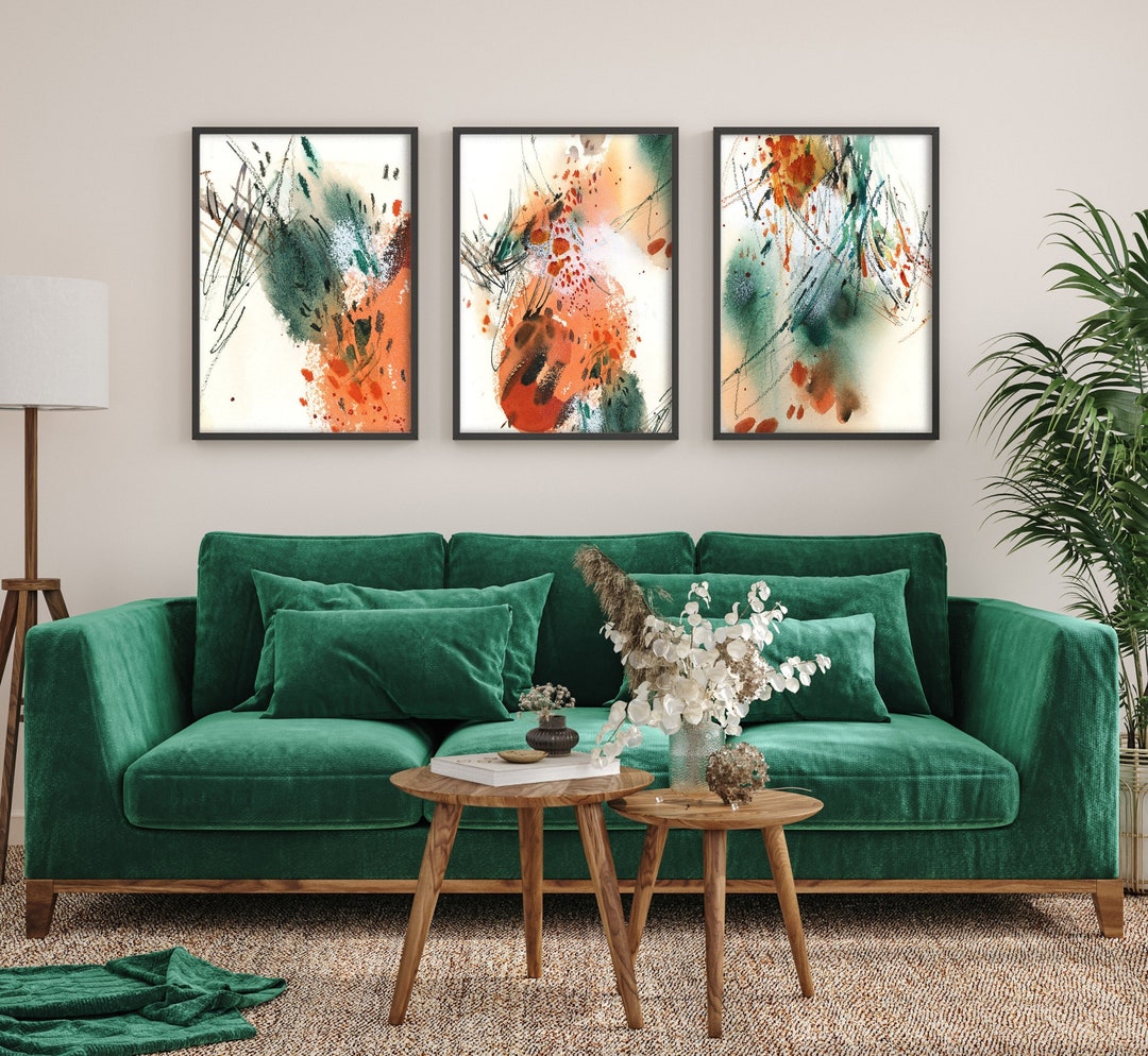 Abstract Canvas Prints 3 Set Wall Decor Orange Emerald Green Watercolor ...