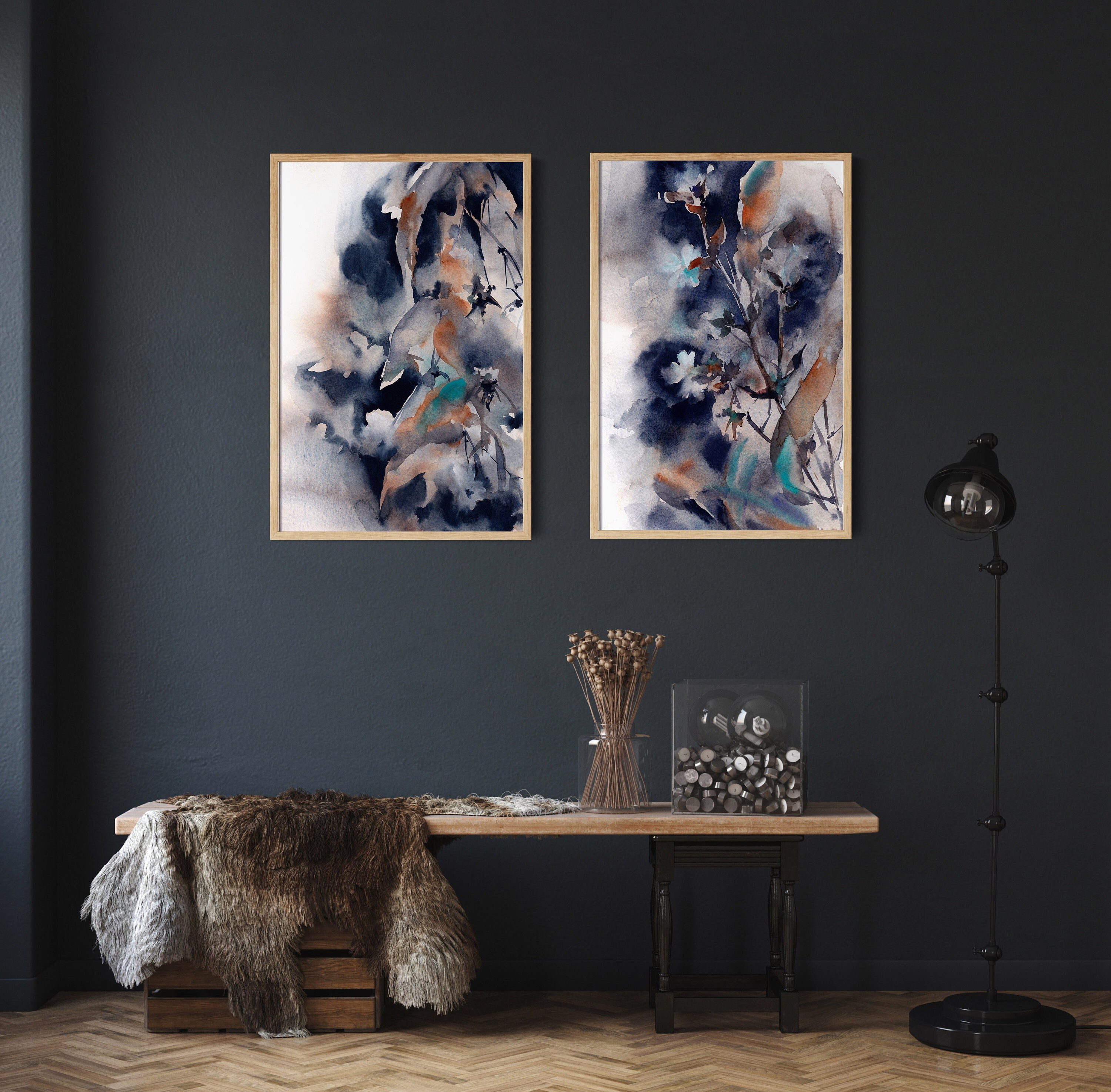 Arte de pared con flores de color índigo, cuadros modernos y abstractos con  flores azules, impresiones sobre lienzo, 3 paneles de decoración, tensados
