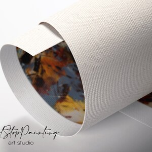 May include: Rolled canvas print with a textured, off-white surface. The artwork features a colorful abstract design with shades of blue, orange, and yellow. The text "CanotStopPainting art studio" is visible.