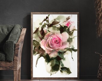 Pink Rose Canvas Fine Art Print for Wall Decor, Botanical Watercolor Print, Flower Painting Art