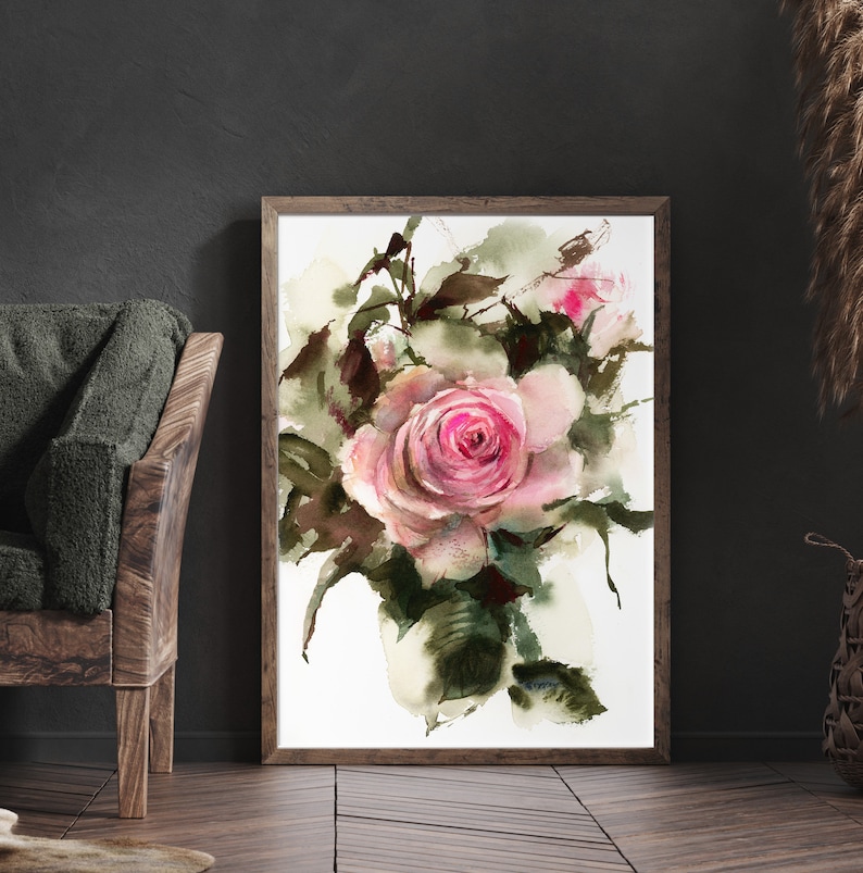 Pink Rose Canvas Fine Art Print for Wall Decor, Botanical Watercolor ...