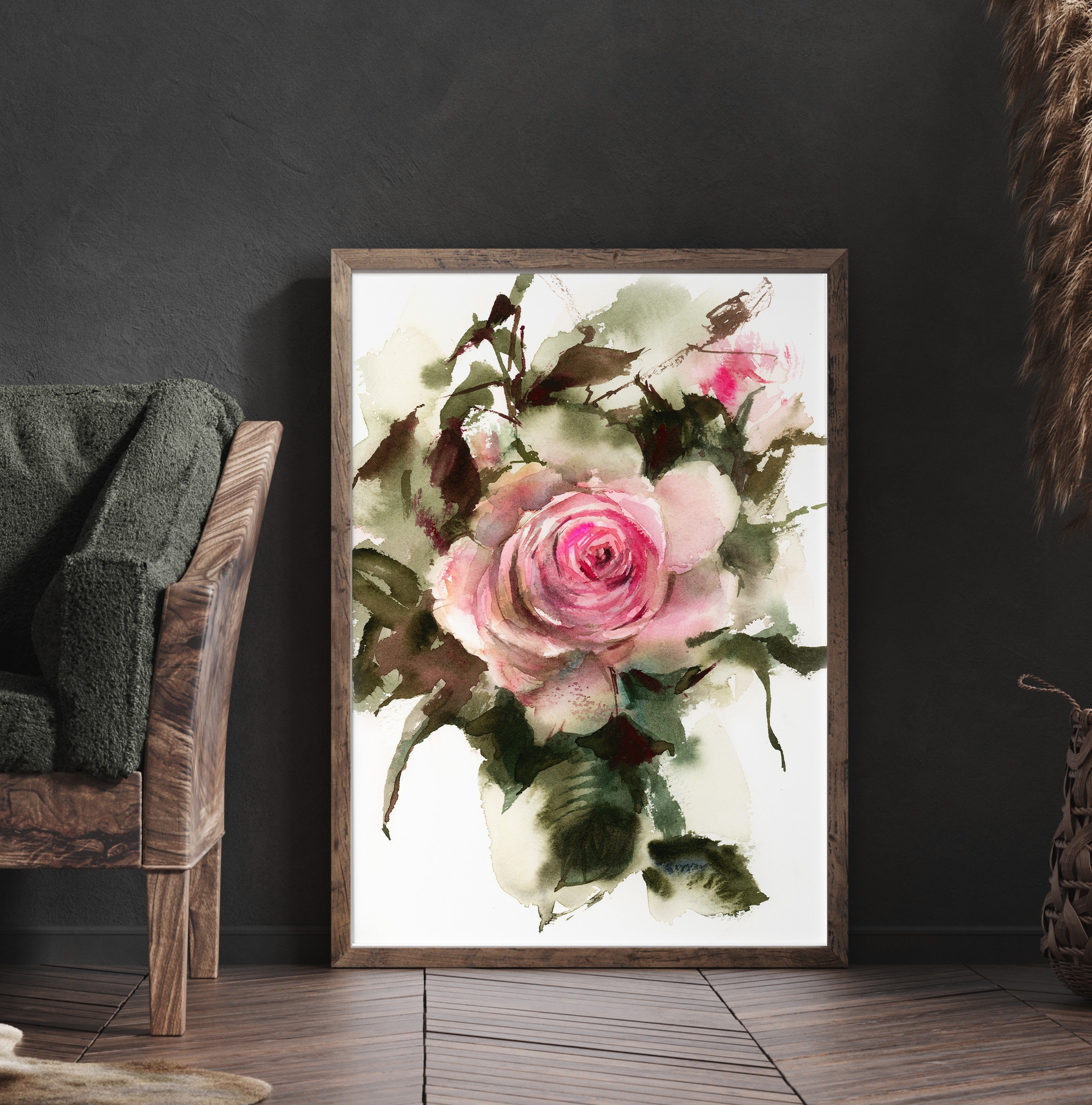 Pink Rose Canvas Fine Art Print for Wall Decor, Botanical Watercolor ...