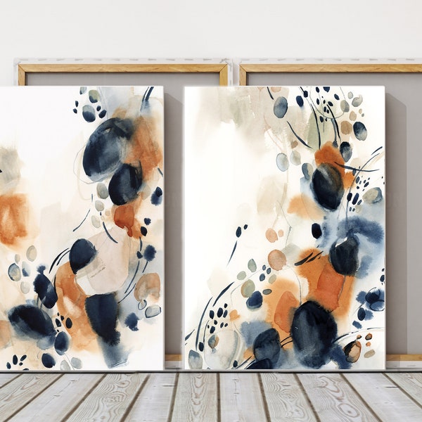 Large Size Watercolor Canvas Prints, Abstract Wall Paintings, Burnt Orange Artworks, Navy Blue Canvas Art Prints, Above Bed Wall Decor