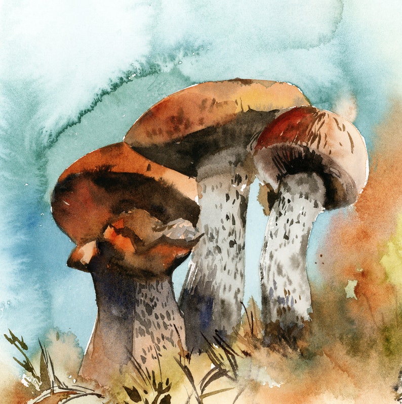Pilze Original Aquarell Türkis Orange Malerei Kunst lose