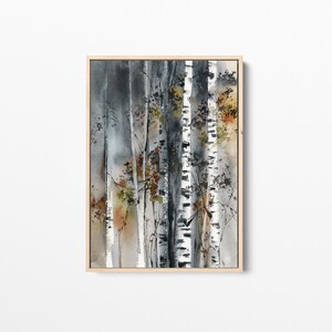 May include: Watercolor painting of birch trees in a forest. The artwork features vertical birch tree trunks in shades of gray, black, and white, with touches of yellow and red leaves. The painting is framed in a light wood frame.