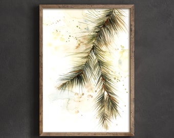 Pine Tree Branch Canvas Art Print, Botanical Watercolor Painting, Greenery Nature Wall Decor