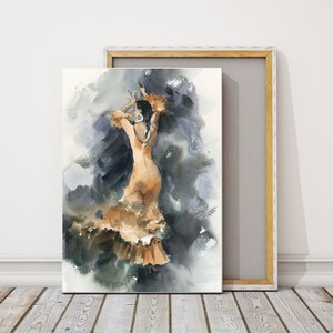 May include: Watercolor painting of a flamenco dancer in a flowing orange dress with ruffled accents. The dancer is posed mid-movement against a backdrop of dark blues and grays. The artwork is displayed on a canvas with a wooden frame.
