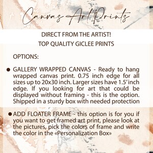 Pu&ograve; includere: Immagine di una stampa artistica su tela con il testo "Canvas Art Prints". Il testo include anche "Direttamente dall'artista!" e "Stampe gicl&eacute;e di alta qualit&agrave;". Le opzioni includono tela avvolta in galleria e aggiunta di cornice flottante.
