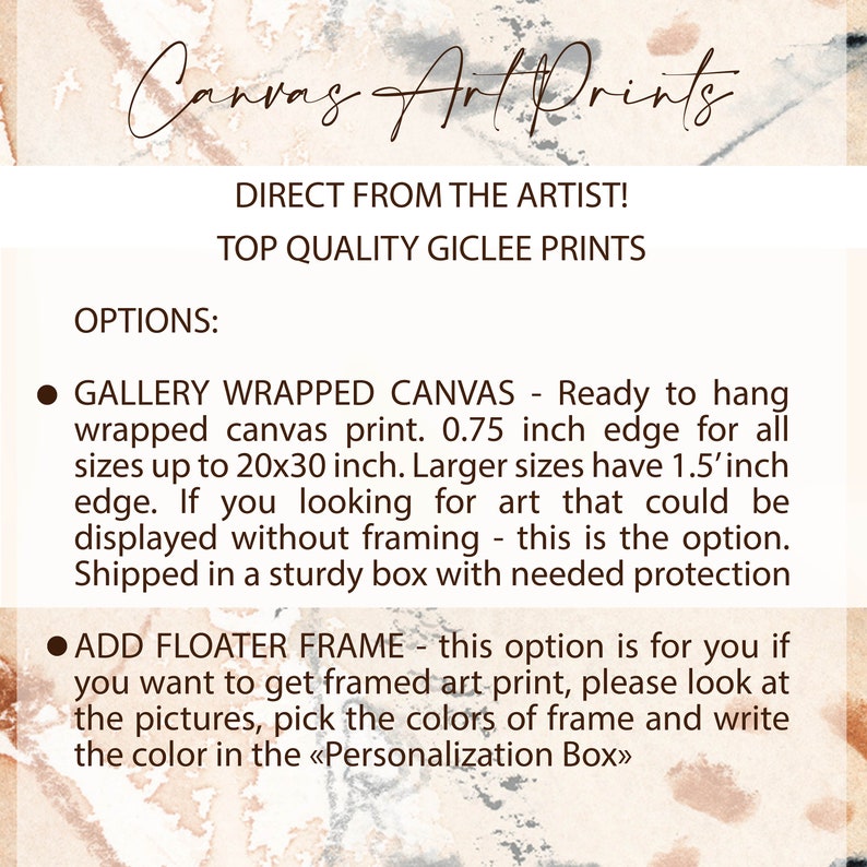 Pu&ograve; includere: Immagine di una stampa artistica su tela con il testo "Canvas Art Prints". Il testo include anche "Direttamente dall'artista!" e "Stampe gicl&eacute;e di alta qualit&agrave;". Le opzioni includono tela avvolta in galleria e aggiunta di cornice flottante.