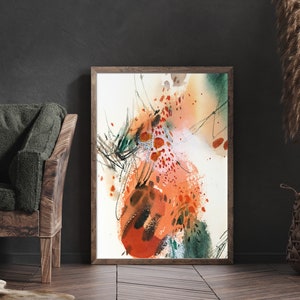 Abstract Canvas Art Print in Orange and Emerald Green Color Scheme Statement Painting for Home Wall Decor Large Sizes Framed Ready to Hang