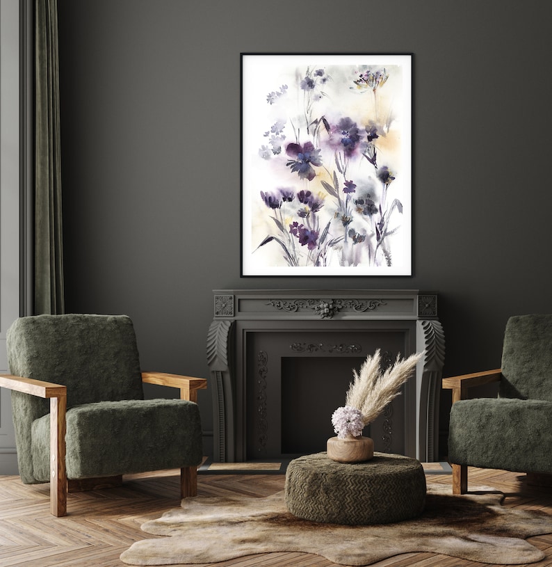 Abstract Purple Florals Canvas Print, Boho Wall Print, Flowers Watercolor Painting, Abstract Botanical Wall Decor, Large Sizes Canvas Art image 3