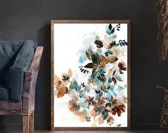 Abstract Botanical Canvas Art Print in Teal and Burnt Orange Earthy Colors Floral Art  Boho Wall Decor, Print on Canvas Framed Canvas Art