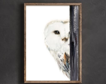 White Owl Canvas Art Print, Bird Watercolor Print, Barn Owl Painting, Woodland Wall Decor on Canvas