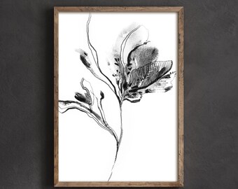 Black Abstract Flower Canvas Fine Art Print, Botanical Watercolor Painting, Black and White Wall Decor