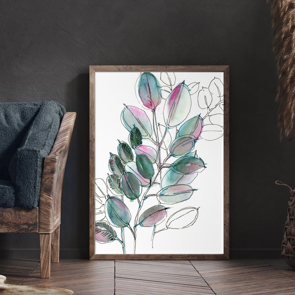 Leaves Wall Art Print on Canvas in Green and Pink Colors, Watercolor Painting Art, Botanical Extra Large Sizes Wall Decor Canvas Art Print