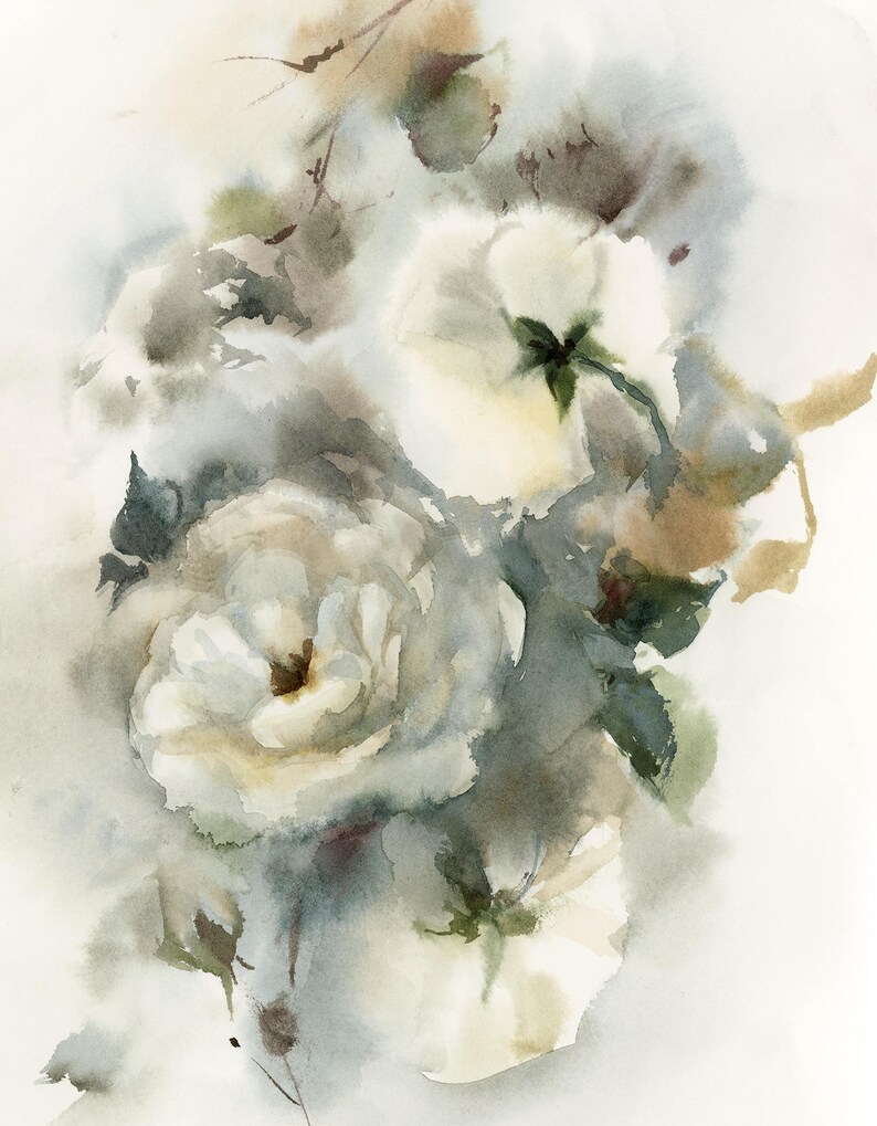 Flowers Painting Painting of Roses Rose Art White Roses Original Watercolor Painting Floral Botanical Watercolour Art