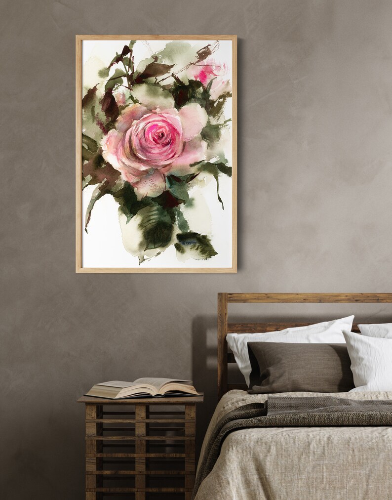 Pink Rose Canvas Fine Art Print for Wall Decor, Botanical Watercolor ...