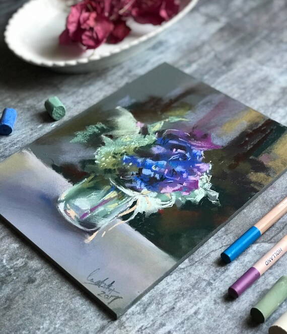 Tableau Bouquet De Fleurs Bleues Pastel Sec Sur Pastelle Planche Peinture Originale Par Canotstop Hortensia Bleu Et Les Feuilles Dans Une Peinture