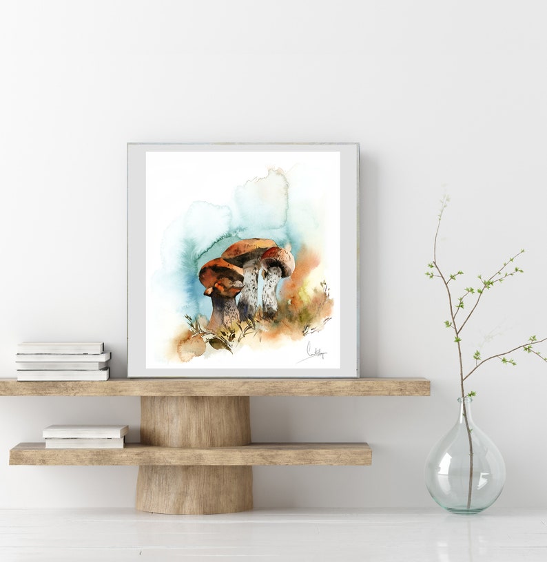 Pilze Original Aquarell Türkis Orange Malerei Kunst lose
