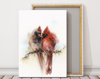 Cardinal Birds Couple in Love Painting, Northern Cardinals Canvas Print, Bird Wall Art, Anniversary Gift, Canvas Art Print Framed Options