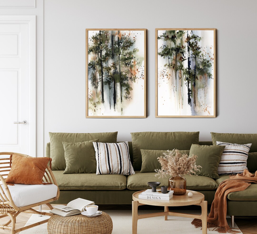 Pine Tree Forest Paintings, Set of 2 Canvas Art Prints, Green Forest ...