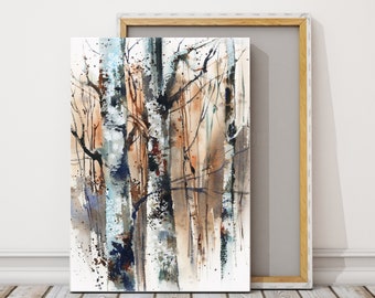 Birch Tree Nature Wall Art, Forest Print, Watercolor Birch Tree Painting, Canvas Art Prints, Forest Wall Decor, Woodland Nature Cabin Art