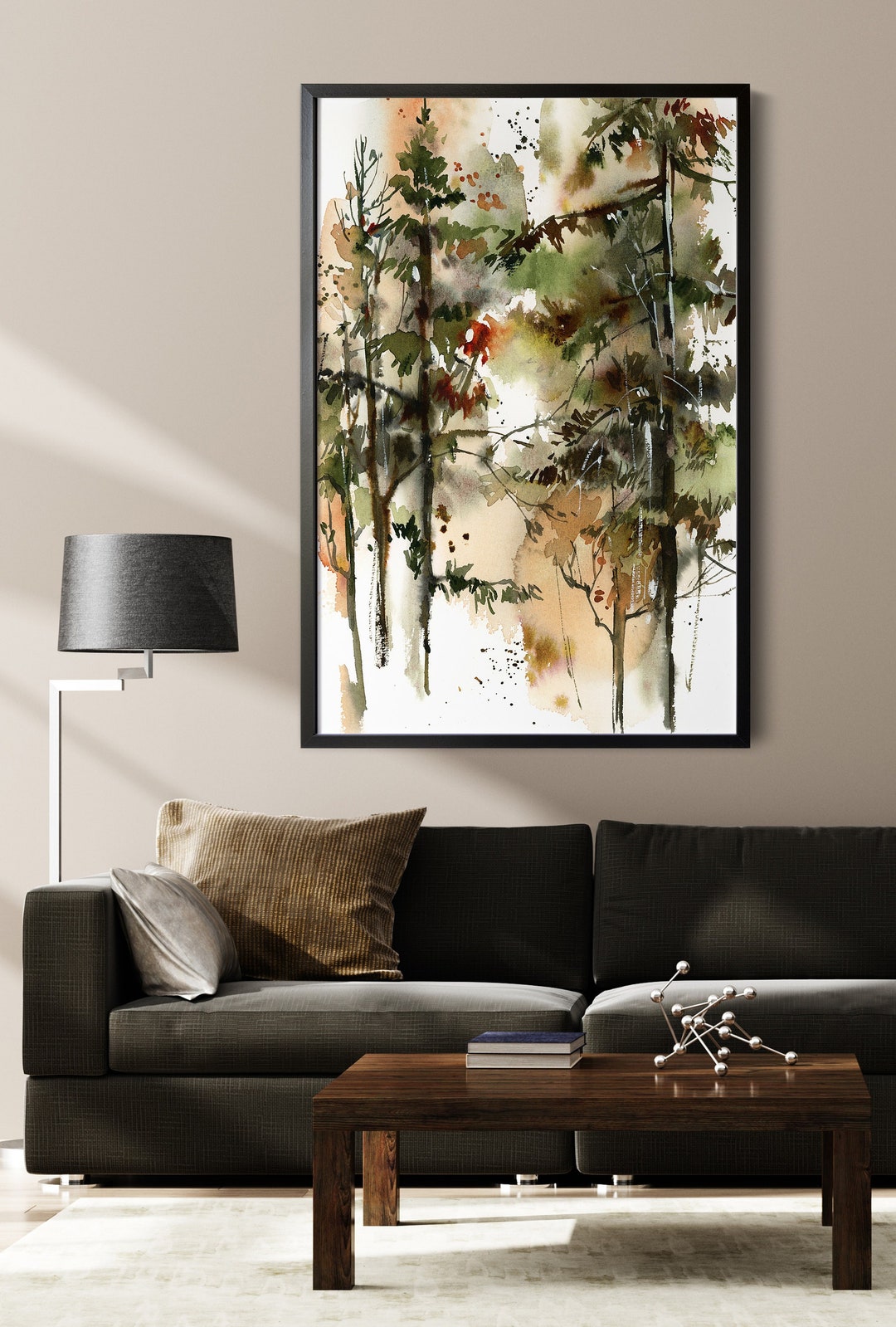 Pine Tree Forest Canvas Print Wall Art, Nature Green Forest Watercolor ...