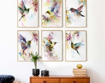 Birds Gallery Wall Canvas Prints 6 Set, Hummingbird Watercolor Prints, Tropical Birds Painting Art