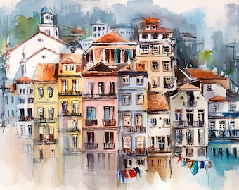 Porto Canvas Art Print, Cityscape Watercolor Painting, Portugal Canvas Print, Colorful Houses City Scene Wall Art