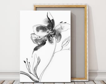 Abstract Flower Canvas Art Print, Botanical Watercolor Painting, Black and White Fine Art Print