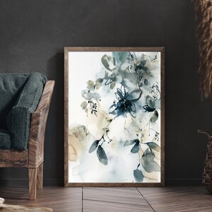 Abstract Florals Canvas Wall Print, Muted Teal Abstract Botanical Painting, Watercolor Flowers and Leaves Boho Wall Decor, Abstract Print