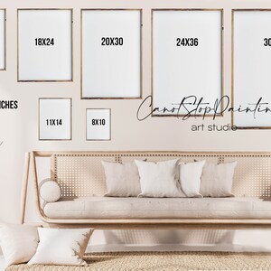 May include: A display of framed art prints in various sizes, including 16x20, 18x24, 20x30, 24x36, 30x40, 11x14, and 8x10 inches. The text "SIZES IN INCHES" is visible. The art studio's name, "CanotStopPainting", is also displayed.