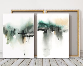 Set of 2 Abstract Canvas Prints in Emerald Green and Black, 2 Pieces Wall Decor Gallery Wall, Abstract Paintings Wall Art, Watercolor Prints