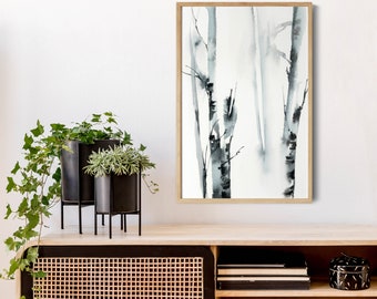 Birch Trees Canvas Print, Forest Art Print, Abstract Landscape Watercolor Painting, Minimalist Nature Art,  Print on Canvas, Large Sizes Art