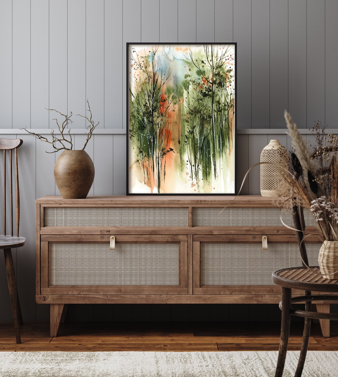 Landscape With Green Trees Watercolor Painting Canvas Art Print ...