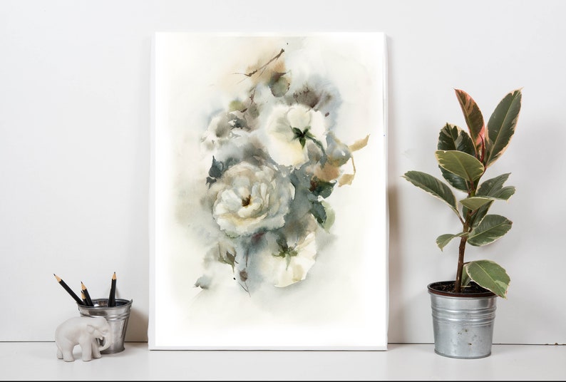 Flowers Painting Painting of Roses Rose Art White Roses Original Watercolor Painting Floral Botanical Watercolour Art