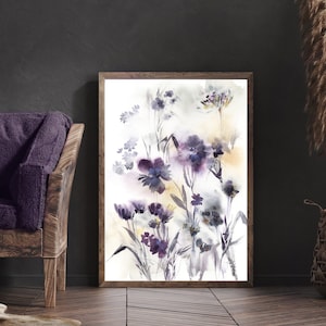 Abstract Purple Florals Canvas Print, Boho Wall Print, Flowers Watercolor Painting, Abstract Botanical Wall Decor, Large Sizes Canvas Art image 1