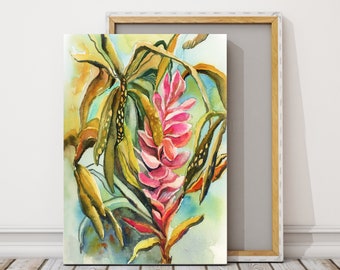 Tropical Pink Flowers Canvas Art Print, Vivid Pink Green Botanical Watercolor Painting, Bright Vibrant Nature Art Print