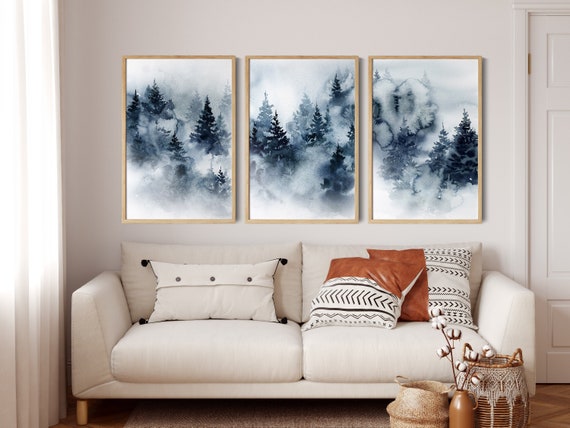 Blue Foggy Pine Trees Forest Set of 3 Canvas Prints, Mountains Landscape Watercolor Painting, Winter Nature Prints on Canvas 3 Pieces Decor