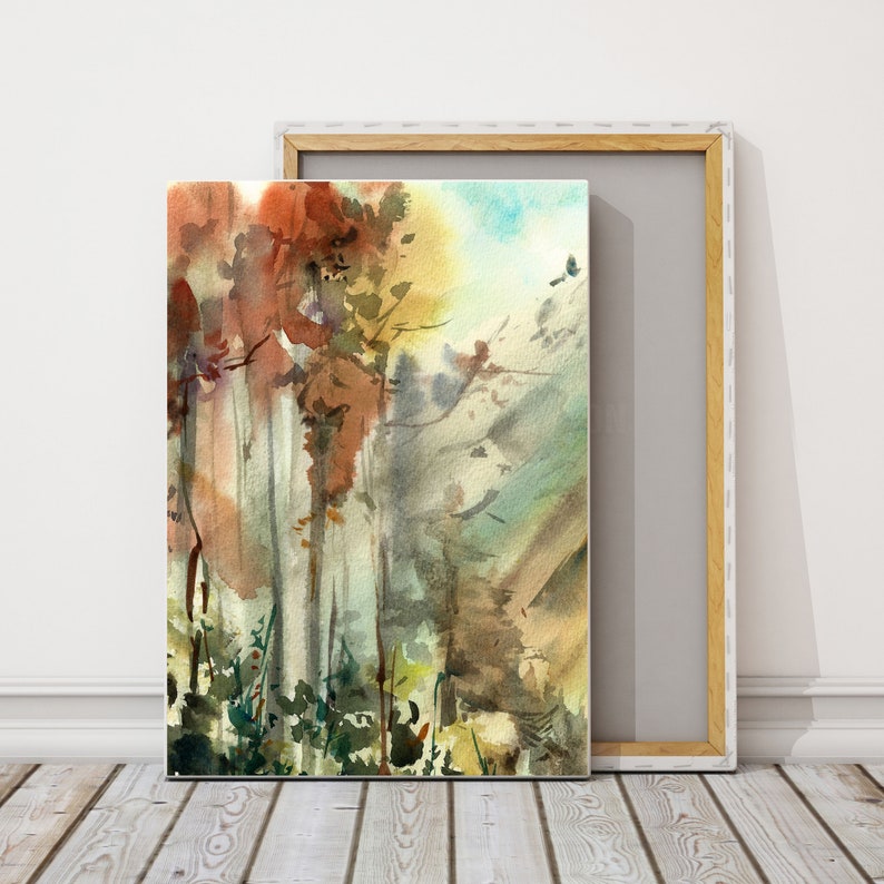 Fall Forest Painting, Autumn Landscape, Canvas Art Print, Abstract Trees Watercolor Painting, Abstract Nature Print, Woodland Wall Decor Wrapped Canvas