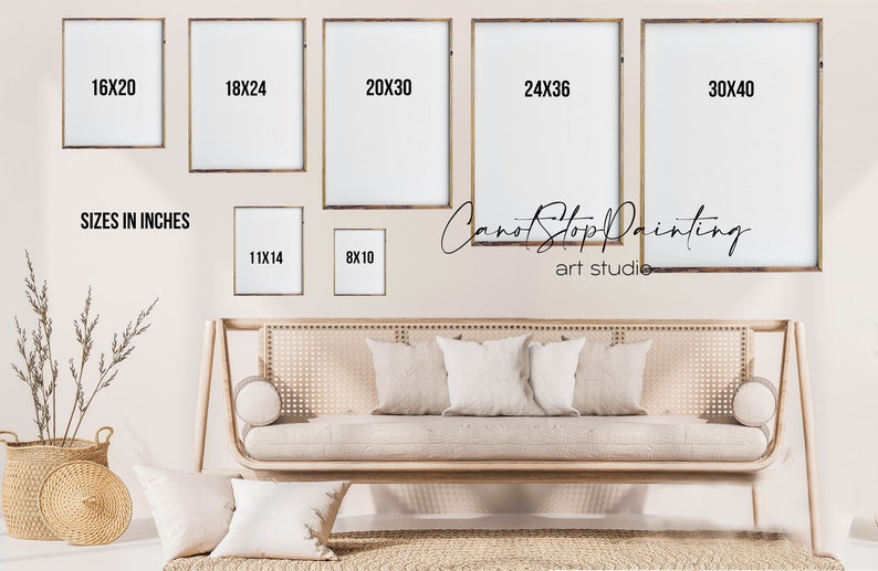 May include: A display of framed art prints in various sizes, including 16x20, 18x24, 20x30, 24x36, 30x40, 11x14, and 8x10 inches. The text "SIZES IN INCHES" is visible. The art studio's name, "CanotStopPainting," is also displayed.