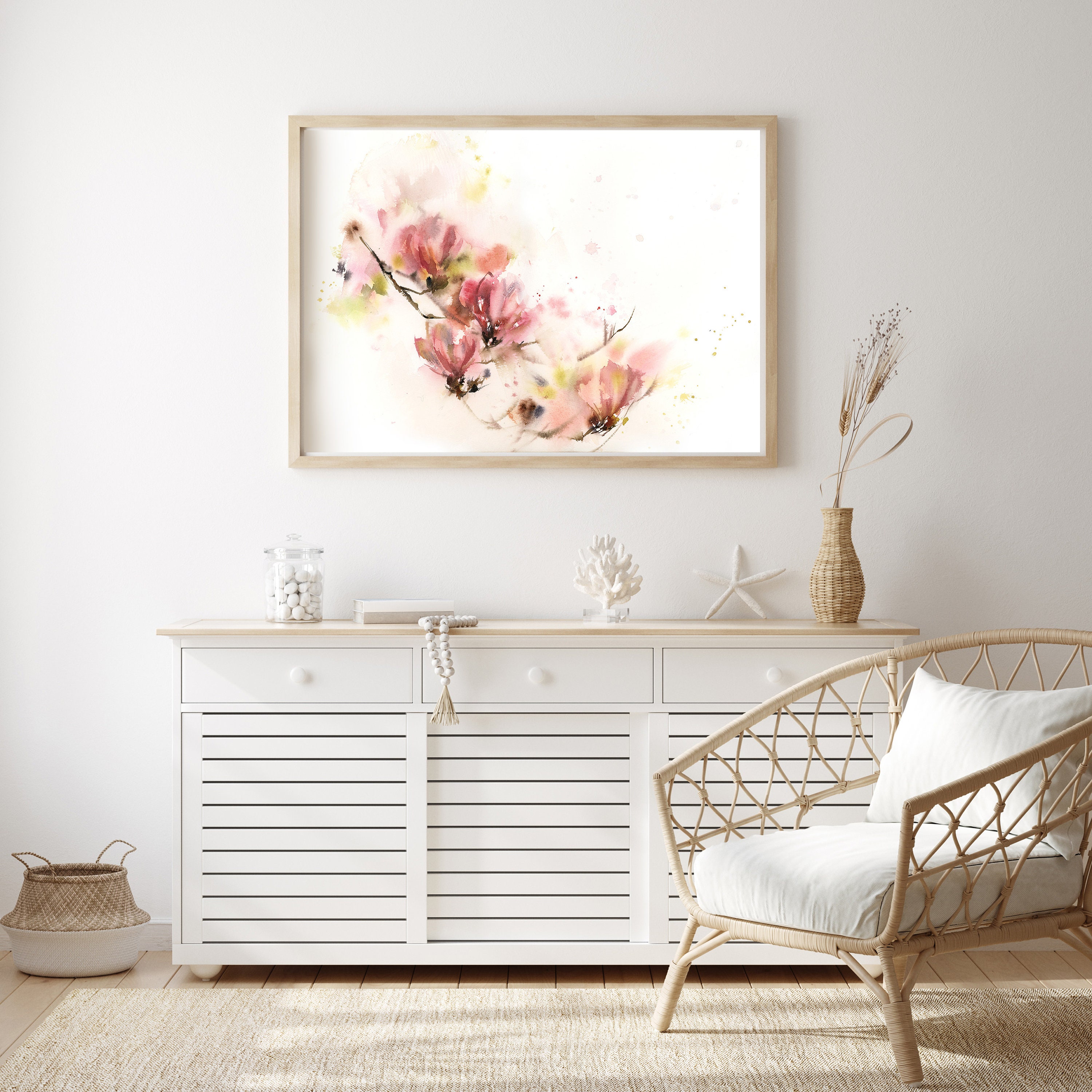 Magnolia Pink Flowers Canvas Art Print, Blooming Spring Tree Watercolor ...