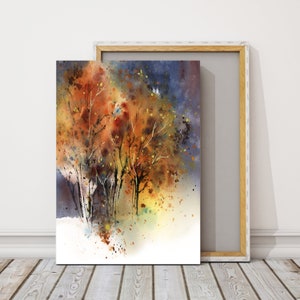 Orange Autumn Tree Canvas Art Print, Abstract Nature Painting, Watercolor Print, Print on Canvas, Fall Colors Wall Decor, Woodland Art Print