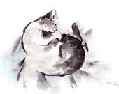 Original Watercolor Cat Painting, Sleeping Cat Painting, Watercolour Art